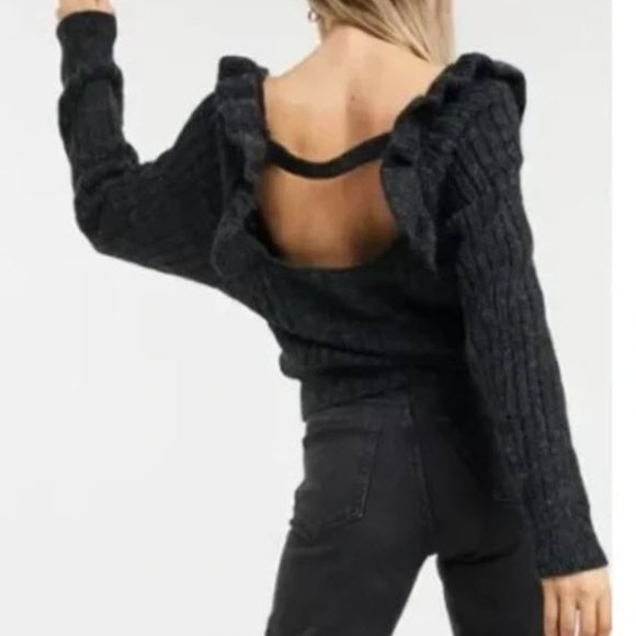 TopShop Open Back Ruffled Cable Knit Sweater - Picture 2 of 4